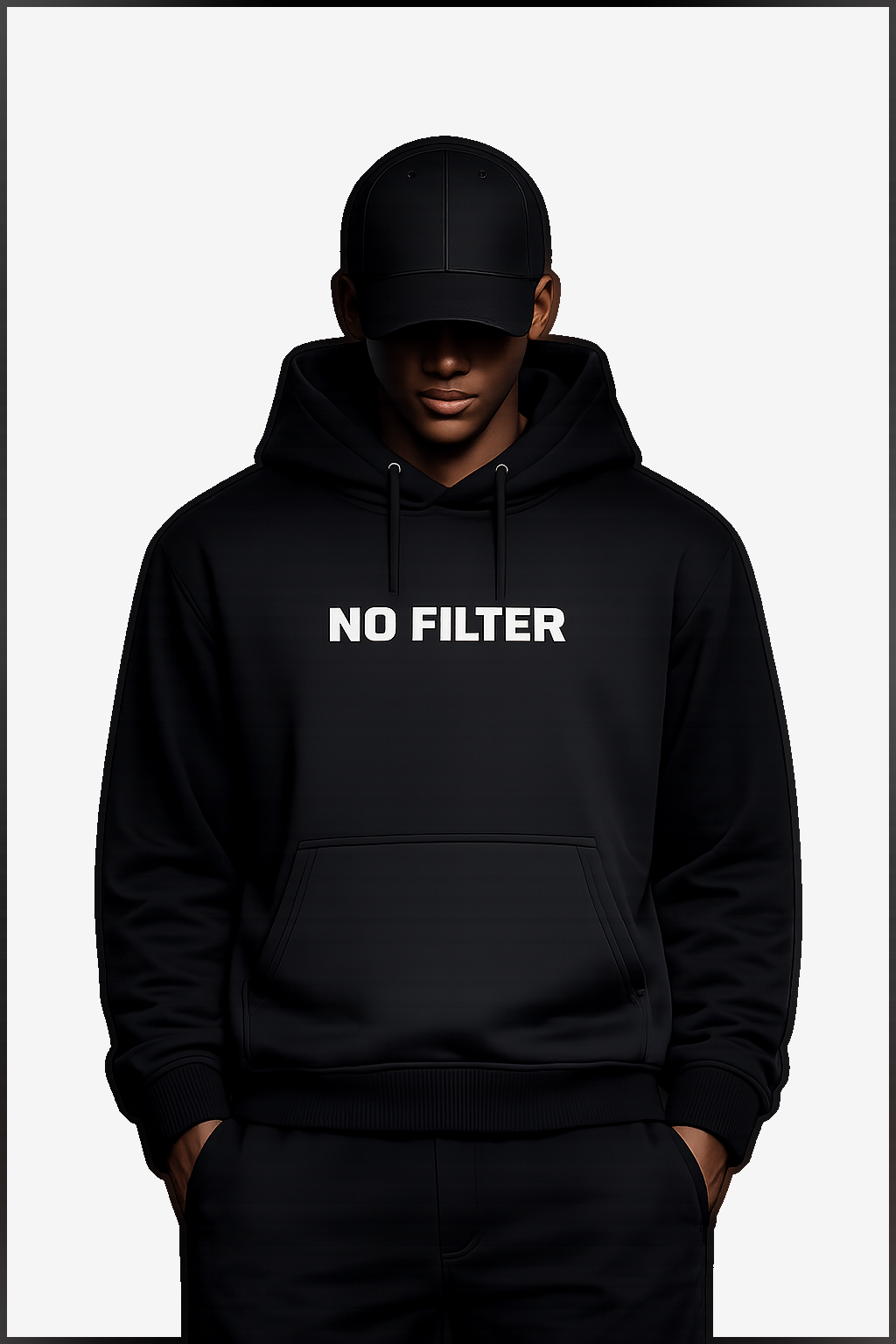 Black model wearing ALLBLACKOUT NO FILTER hoodie